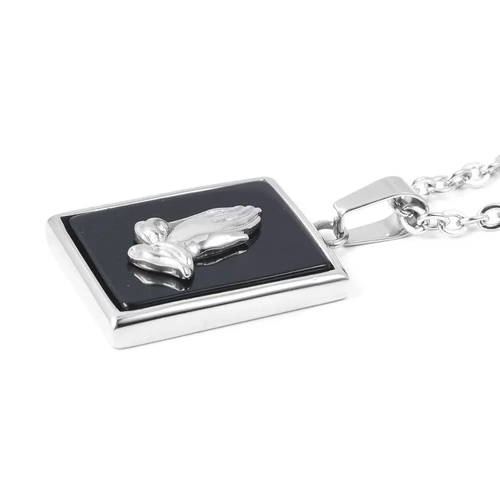 Enhanced Black Agate Stainless Steel Ring Pendant
